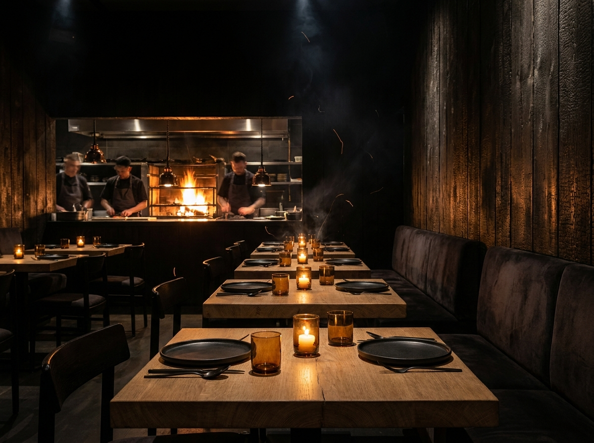 Interior de CENIZA con cocina de fuego abierta