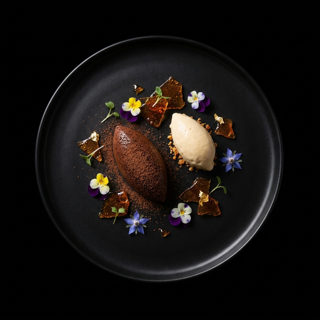 Cuarto tiempo: postre de chocolate, ceniza dulce y helado ahumado